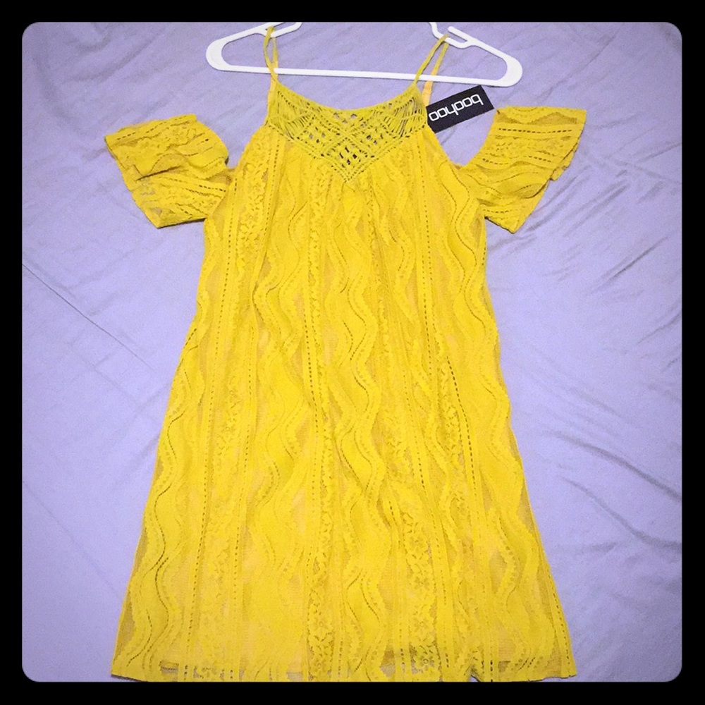 ASOS crochet mustard yellow dress.